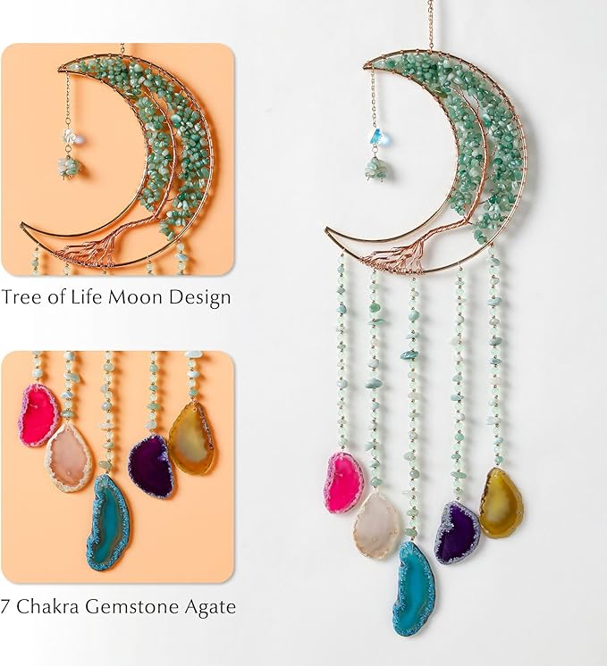 Agate Gemstone Dream Catcher 7 Chakra Tree of Life Dream Catcher with Rainbow Crystal Stones Handmade Dreamcatcher Wall Decor for Adults Boys Girls,Bedroom,Wedding,Garden,Bless Gift(Green Moon)