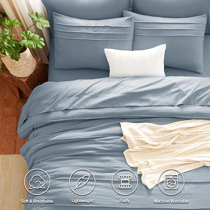CozyLux Full Size Comforter Set Grayish Blue, 7 Pieces Soft Pinch Pleat Bed in a Bag Full Comforter Set with Sheets, Boho Bed Set with Down Alternative Comforter, Sheets, Pillowcases & Shams
