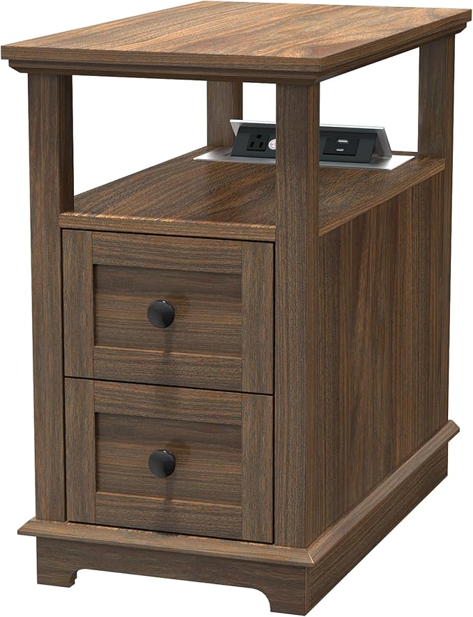 HIFYOBRO Narrow End Table with Flip Top Charging Station and 2 Drawers, Type-C & USB Port & Power outlets, Wooden Storage Cabinet, Side Table with Storage for Living Room and Bedroom