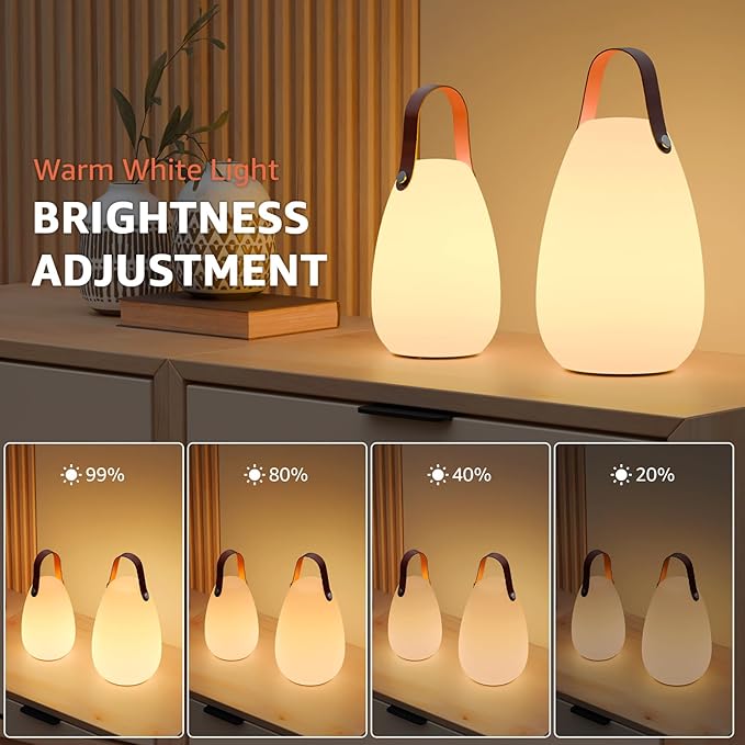 uuffoo 2 Pack Outdoor Table Lamp - Dimmable Rechargeable Night Lights w/ Remote and 7 RGB Colors, IP44 Water-Resistant Portable Hanging Lantern for Patio, Bedroom, Garden, Emergency (Leather Handle)