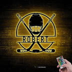 Hockey LED Metal Wall Art – Sports Custom Name Sign Light Up with Helmet and Sticks, Ice Hockey Room Decor for Players, Fans, Coaches
