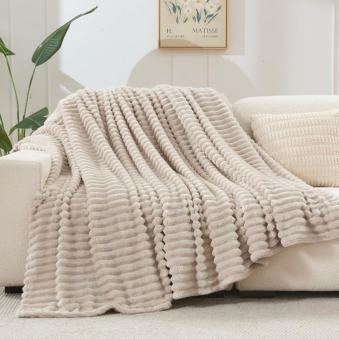 NEWCOSPLAY Super Soft Throw Blanket Linen Premium Silky Flannel Fleece 3D Ribbed Jacquard Lightweight Bed Blanket All Season Use (Linen Ribbed, Throw(50"x60"))