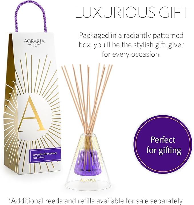 Agraria Lavender & Rosemary Reed Diffuser Set, 12 Reeds Essential Oil Scent Diffuser for Home Fragrance, Gift Box