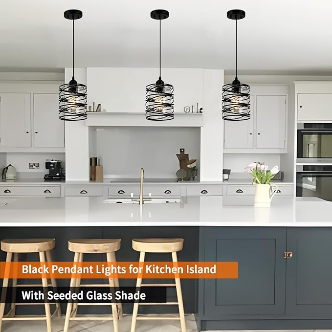 Black Pendant Lights for Kitchen Island, Industrial Farmhouse Pendant Light Fixtures with Seeded Glass Shade, Adjustable Spiral Iron Pendant Lighting for Foyer Hallway Dining Room Kitchen