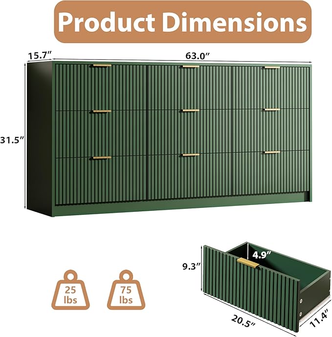 Green Dresser for Bedroom, 9 Drawer Double Dresser, Modern Chest of Drawers for Bedroom, Living Room, Entryway and Closet, 63" L x 15.7" D x 31.5" H