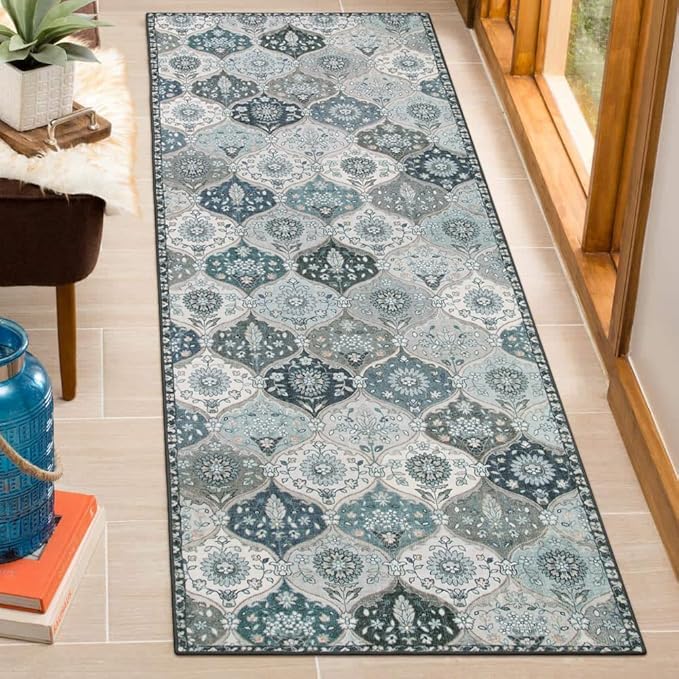 Lahome Moroccan Trellis Washable Runner Rug, 2x6 Runners for Hallways 6 Feet Non Slip Vintage Laundry Room Rug Vintage Ultra-Thin Long Carpet for Kitchen Bedroom, Blue