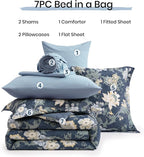Queen Comforter Set -7 Pieces Floral Navy Blue Comforter Set for All Seasons, Bed in a Bag Queen with Botanical Flowers Comforter, Sheets, Pillowcases & Shams