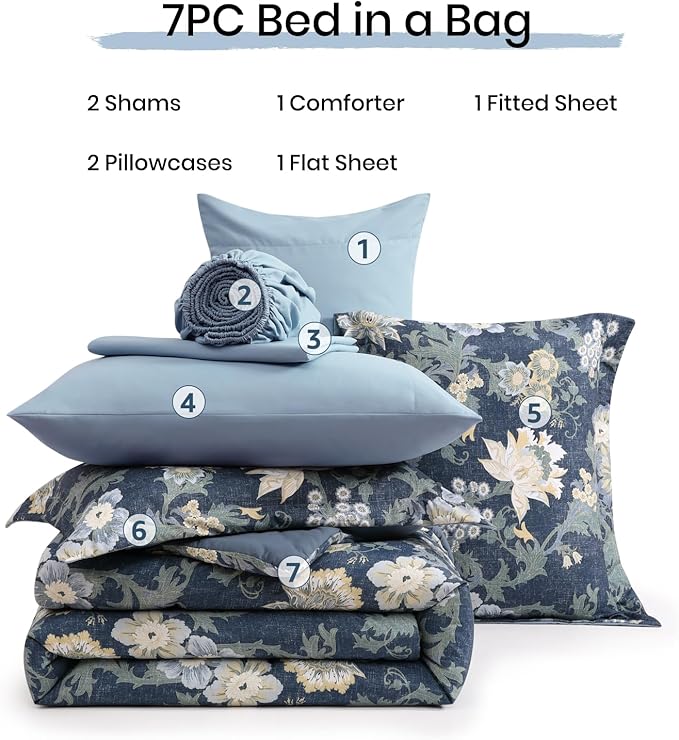 King Comforter Set -7 Pieces Floral Navy Blue Comforter Set for All Seasons, Bed in a Bag King with Botanical Flowers Comforter, Sheets, Pillowcases & Shams
