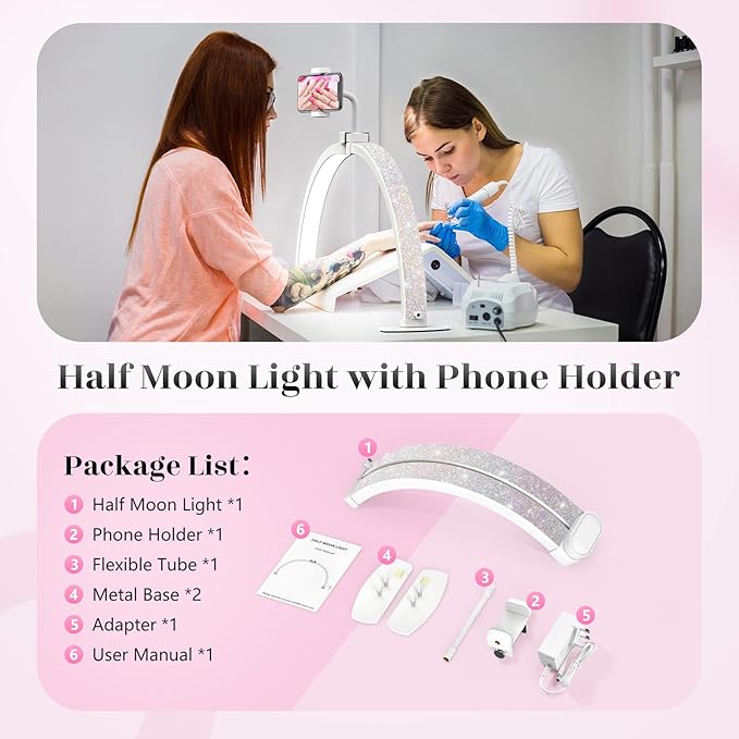 Yokilly Half Moon Light for Nail Desk: 23" Foldable Half Moon Desk Lamp with Phone Holder for Beginner - Arch Nail Tech Light with 3 Color Modes & 10 Brightness for Manicure Salon (Diamond, Small)