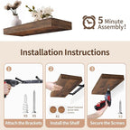 LaVie Home Floating Shelves, 24 Inch Wall Shelf Set of 2, Hanging Shelf with Invisible Brackets, Wall Decor for Bathroom, Bedroom, Living Room, Kitchen Storage, Rustic Brown