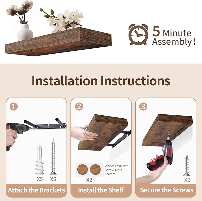 LaVie Home Floating Shelves, 36 Inch Wall Shelf Set of 2, Hanging Shelf with Invisible Brackets, Wall Decor for Bathroom, Bedroom, Living Room, Kitchen Storage, Rustic Brown