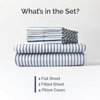 King Sheets Set 6 Piece - Includes 4 Pillowcases - Bed Sheets King Size - Soft Hotel Luxury Bedding - Cooling, Comfy & Breathable - 1 Flat & 1 Fitted & 4 Pillowcases w/ Deep Pockets - Blue Stripes