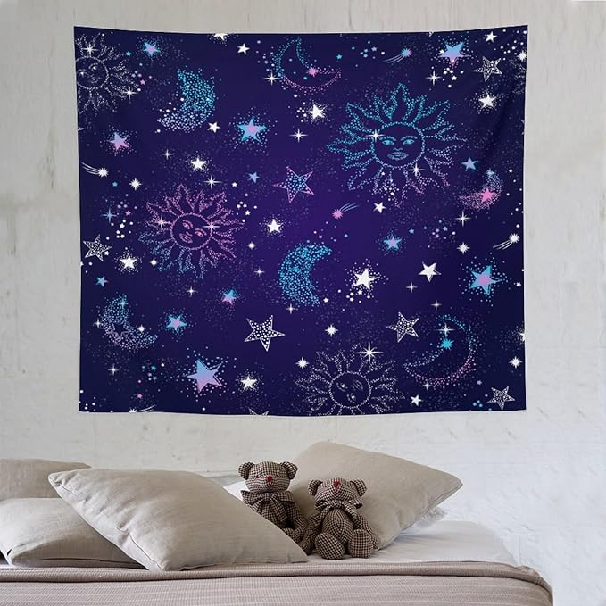 HZOHNAGO Boho Sun Moon Tapestry Purple Blue Sun Stars Galaxy Pattern Printed Wall Tapestry Wall Hanging for Bedroom Living Room Dorm 60" W x 50" H