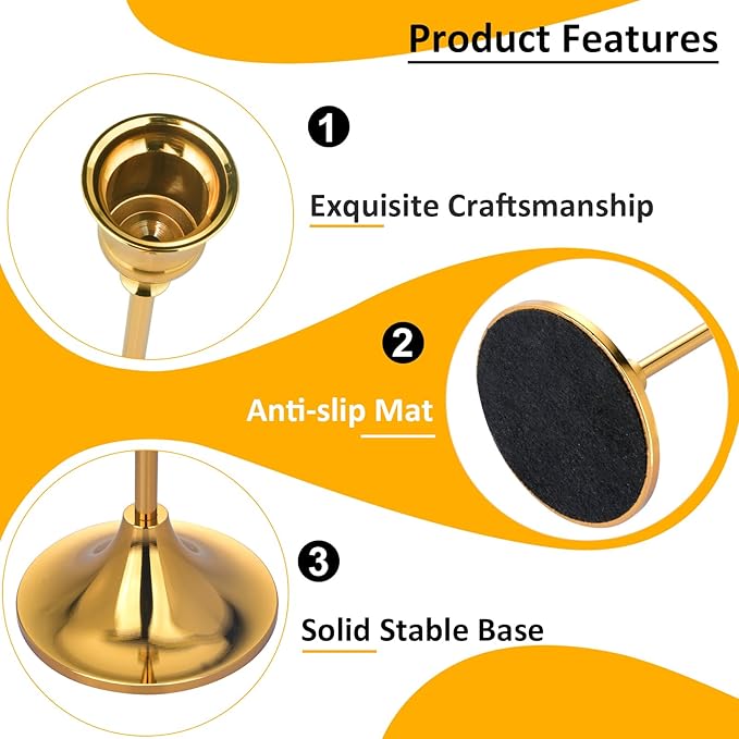 Metal Candle Holders for Candlesticks Taper Candlestick Holders Set Vintage Decorative Centerpiece Candelabra Tall Candle Stands for Halloween Thanksgiving Christmas (Gold, 4 Sets (12 pcs))