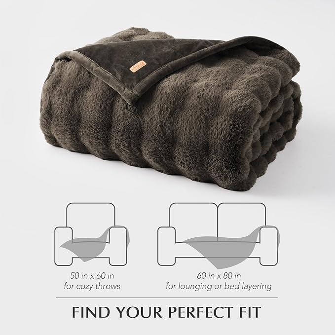 EVERGRACE Ultra Soft Luxury Fluffy Faux Rabbit Fur Throw Blanket, Thick Warm Fuzzy Blankets for Bed, Cozy Plush Reversible Blanket for Couch, Chair, Sofa, Dark Taupe, 50x60 Inches, 870 GSM