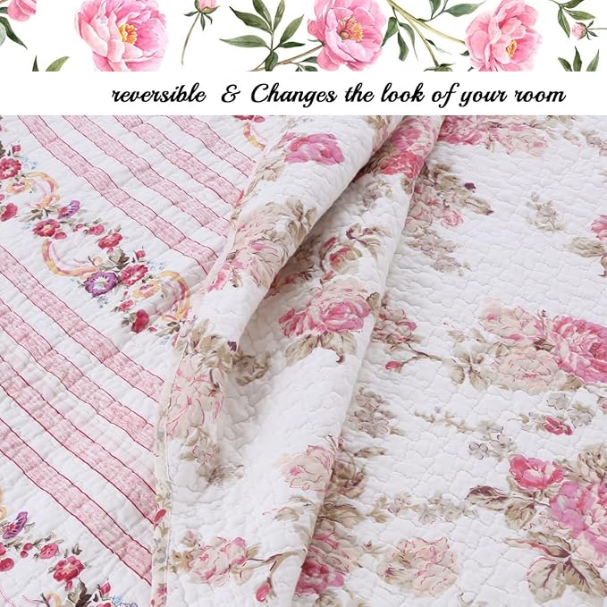 Cozy Line Home Fashions Vintage Floral Reversible 100% Cotton Bedding Quilted Throw Blanket, Reversible & Lightweight, 60" x 50" Inch (Throw, Pink Peony)