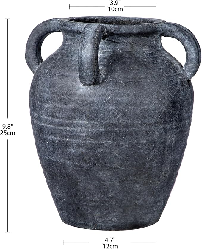 Handmade Flower Vase, 9.8" Tall Terracotta Vase, Vintage Ceramic vase, Rustic Antique Decor with 4 Handles, Wide Mouth, Matte Finish for Home Office Resto Café Décor