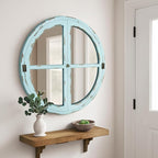 30" Round Window Mirror, Vintage Coastal Wall Mirror with Distressed Blue Wood Frame & Faux Windowpanes, Farmhouse Cottagecore Decor for Living Room, Entryway, or Dining Room