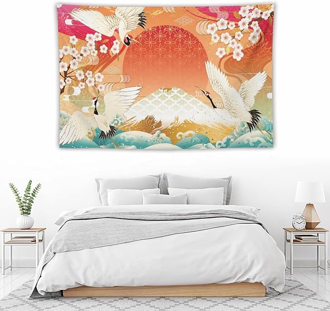 HZOHNAGO Japanese Tapestry Cherry Blossom Crane Sea Wave Fuji Mountain Red Sun Pattern Printed Wall Tapestry Painting Wall Hanging for Bedroom Living Room Dorm 60" W x 40" H