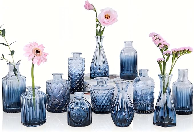 Navy Blue Glass Bud Vases Set of 12, Mini Flower Vase for Centerpieces, Small Glass Vases in Bulk for Wedding Decorations, Vintage Vase Bridal Shower, Party, Graduation, Home Table Décor