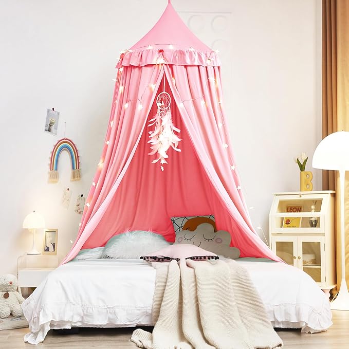 Kertnic Decor Canopy for Kids Bed, Soft Smooth Playing Tent Canopy Girls Room Decoration Princess Castle, Dreamy Mosquito Net Bedding, Children Reading Nook Canopies in Home (Nordic Pink)