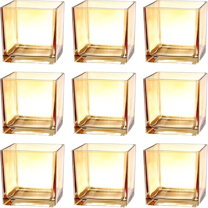 Square Glass Vases Set of 9, 4"x 4"x 4" Flower Vases for Centerpieces, Amber Glass Vase for Flowers, Small Vase for Wedding, Party, Home Office Decoration