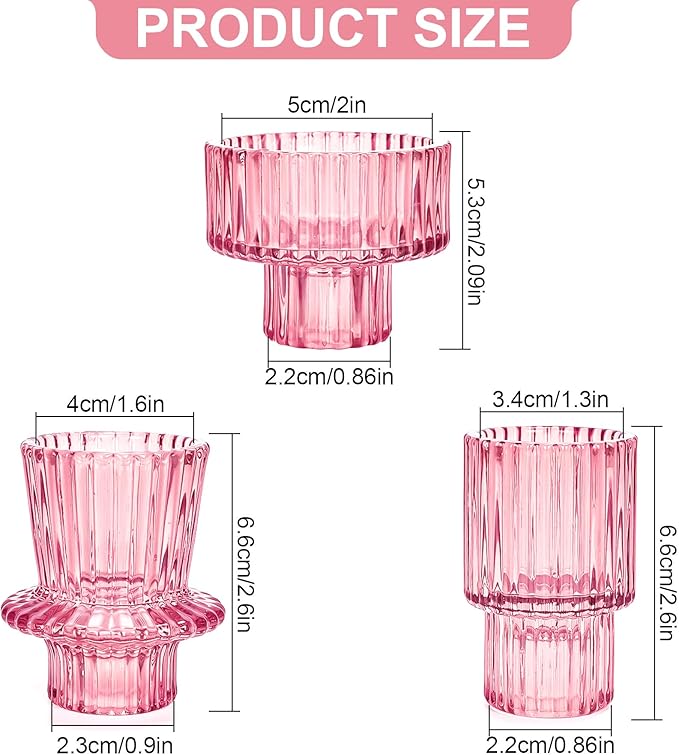 Candlestick Holders Set of 6, Ribbed Glass Taper Candle Holders, Reversible Pink Tealight & Candle Stick Candle Holder Vintage Crystal Tapered Candlestick for Wedding Dinner Party Festival