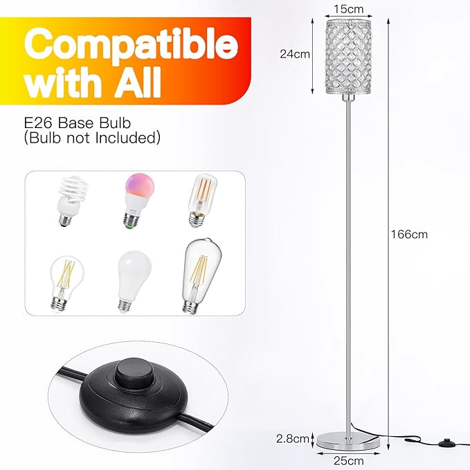 Crystal Floor Lamp,LED Modern Tall Light Standing Lamp, RGB LED Floor Lamp with On/Off Foot Switch Silver Tall Pole Lighting for Bedroom Remoter &APP Control Stepless Dimmable (E26 Base)