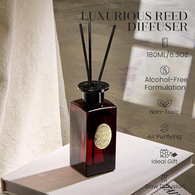 M&SENSE 6.3 oz Large Reed Diffuser Set | Red Camelia Scent Home Oil Diffuser with Sticks | Hotel Collection Non-Toxic Essential Oil |for Bedroom Bathroom Living Room