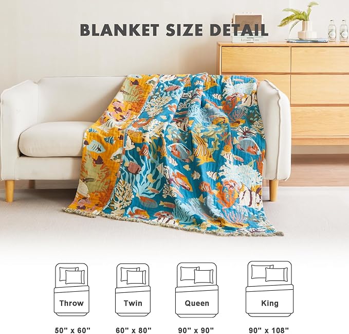 MSGKV Throw Blanket for Couch Cotton Muslin Breathable Cute Ocean Animals Blanket 50"x60" Sofa Chair Blankets for All Seasons Lightweight Farmhouse Blankets Home Decor