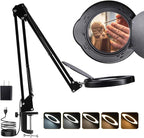 15X Magnifying Glass Desk Lamp with Clamp, Real Glass Lens with Dust Cover, 84 LEDs, 5 Color Modes, 10 Brightness Dimmable, Long Flexible Swing Arm Magnifier for Reading, Crafting, Repair, Close Works