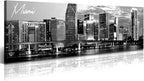 DJSYLIFE Miami Skyline Wall Art Decor Panoramic Cityscape Picture Modern USA City Night View Canvas Prints for Bedroom Office Living Room Decoration Stretched and Framed Ready to Hang 13.8"x47.3"