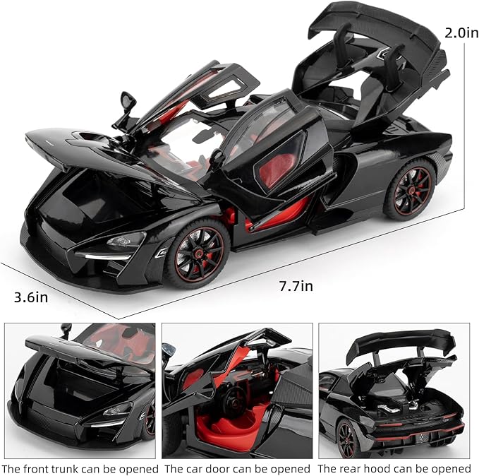 1:24 Scale Car Model Compatible for Collectible McLaren Senna Super Sports Car Toys, Zinc Alloy Pull Back Toy Vehicle with Sound and Light for Adult Boys Girls 3 4 5 6 7 8 (Black)