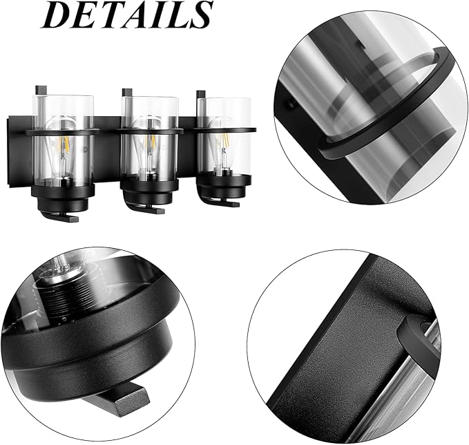 Bathroom Vanity Light Fixtures,Rustic Matte Black Vanity Lights 3 Bulb,Industrial Bathroom Light 3 Pack(Bulbs not Included)
