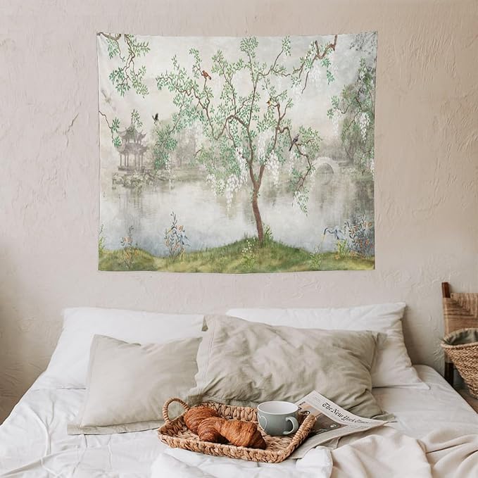 HZOHNAGO Japanese Tapestry Tree Misty Garden Lake Printed Wall Tapestry Ink Painting Wall Hanging for Bedroom Living Room Dorm 60" W x 50" H