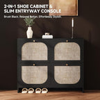 Nicetree Freestanding Arched Rattan Accent Ultra Slim Shoe Cabinet for Entryway - 4 Flip Drawers & 3-Tier Adjustable Shelves, Farmhouse Modern Rustic Shoe Rack for Hallway, Foyer, Living Room