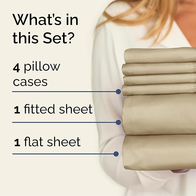 Cal King Sheets Set 6 Piece - Includes 4 Pillowcases - Bed Sheets Cal King Size - Soft Hotel Luxury Bedding - Cooling, Comfy & Breathable - 1 Flat & 1 Fitted & 4 Pillowcases w/ Deep Pockets - Beige