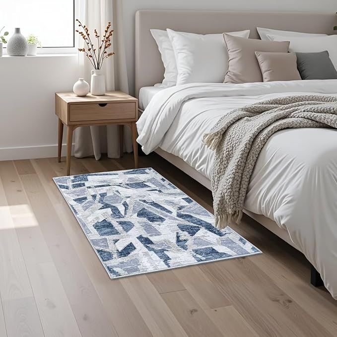 Modern Abstract Door Mat Indoor Entrance 2X3 Blue Rug Washable, Non-Slip Small Rugs for Entryway Bathroom Ultra-Thin, Throw Carpet for Kitchen Bedroom Nursery Kids Print Faux Wool