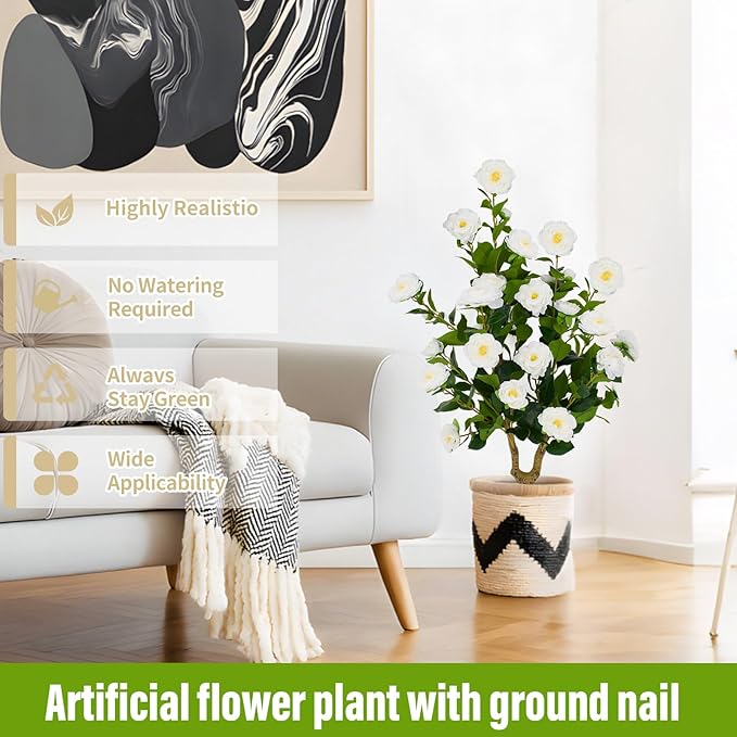 Romantic Season 2Pack 36" Artificial Camellia Tree with Ground Spike - White Faux UV Resistant Blooming Bush, Lifelike Camellia Flowers for Indoor Outdoor Decor, Perfect for Wedding