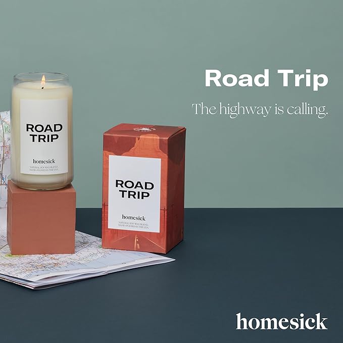 Homesick Scented Candles for Home (Road Trip) - 13.75 oz Long-Lasting Natural Soy Wax Blend Jar Candle Gifts for Women & Men for All Occasions, 60-80 Hours Burn Time - Notes of Lime, Leather & Marine