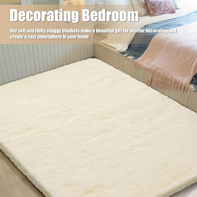 Shag Area Rug for Bedroom 3x5,Ivory Fluffy Area Rugs for Living Room,Soft Fuzzy Rug Non-Shedding Indoor Plush Carpet for Kids Bedroom Nursery Dorm Home Decor