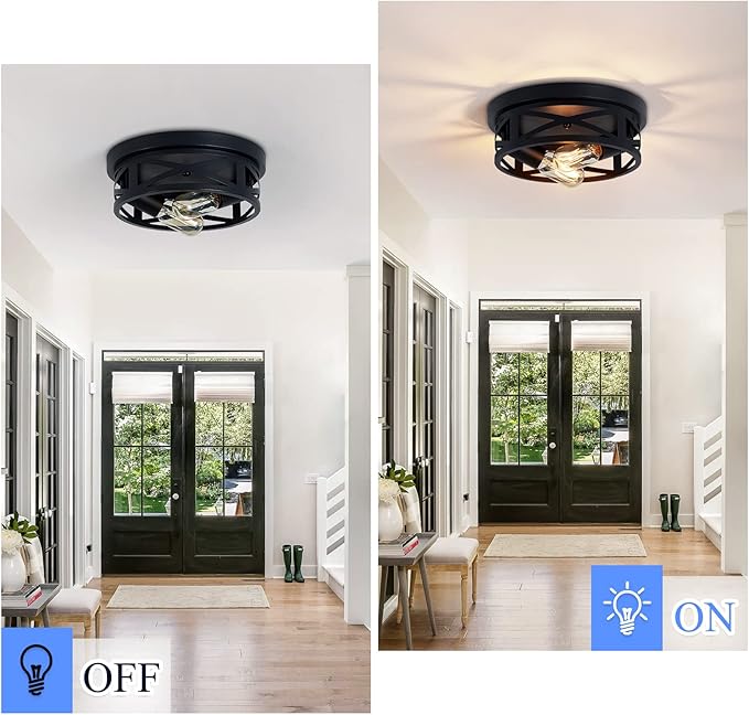 Flush Mount Ceiling Light Fixture,Black 2-Light Hallway Light Fixtures Ceiling,Light Fixtures Ceiling Mount for Farmhouse,Kitchen,Hall (2 Pack)