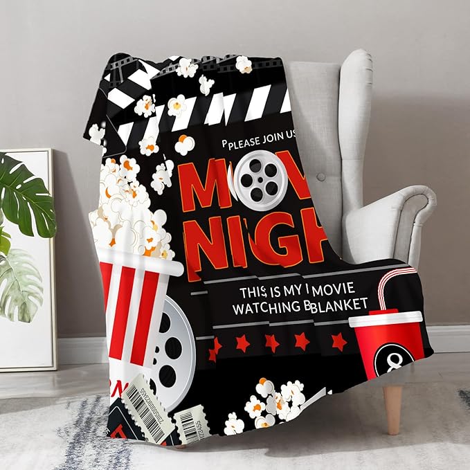 Aimego Movie Night Gifts Blanket Vintage Cinema Popcorn Movie Reel Decor Throw for Women Kids Adults Teens Soft Lightweight Fleece Cozy Fuzzy Birthday Christmas Blankets 50"x60"