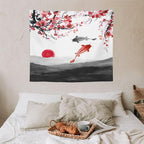 Houselerax Japanese Koi Fish Tapestries, Cherry Blossoms Asian Oriental Flower Branch Koi Fish Carp Tapestry Wall Hanging for Bedroom Living Room Office Decor 60"x50"
