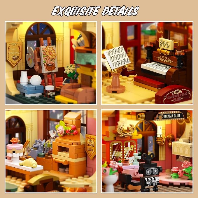 University Club House Building Set with Light,1629PCS City Campus Architecture Model with Painting Drama Baking Music Club, Home Decor Construction Building Block Gift for Adults Boys Girls 12+