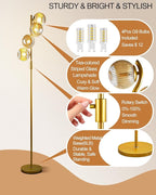 Lightdot 64IN Dimmable Floor Lamp with Glass Globe Shade, Modern Gold Standing Lamps with 4PCS 3000K G9 Bulbs Soft Warm White Eye Care, Mid Century Floor Lamp for Living Room Bedroom