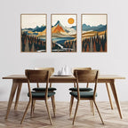 HLNIUC Large Sunset Mountain Framed Wall Art,Boho Forest Pine Tree Canvas Wall Decor Set of 3(16”X24”) Blue and Orange Landscape Art Print,Colorful Mountain Lake Wall Painting for Living Room,Bedroom