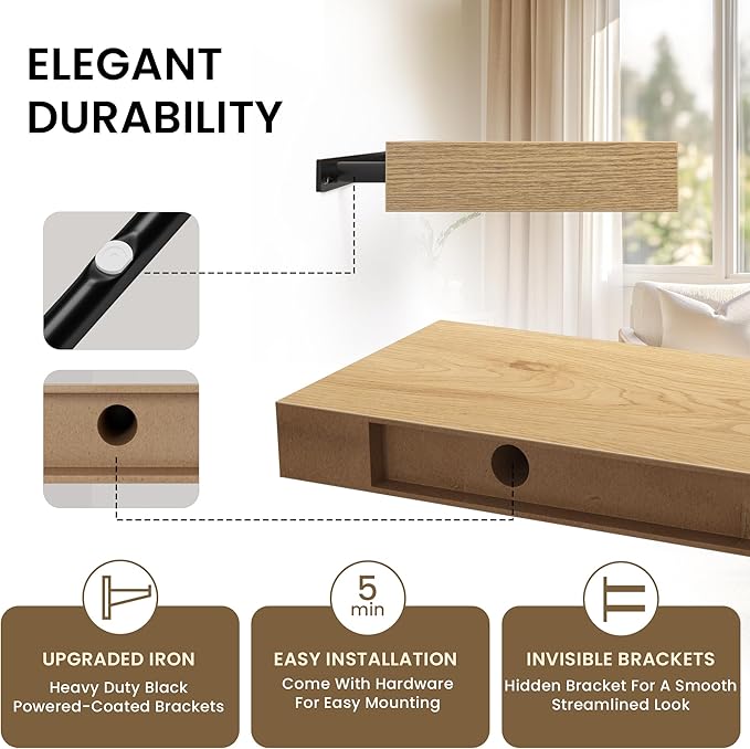 Floating Shelves for Wall, 40" W x 8" D x 1.5" H, Wooden Wall Mounted Display Shelves with Invisible Brackets for Living Room, Bedroom, Bathroom, Kitchen Decor and Storage, Set of 2, Oak