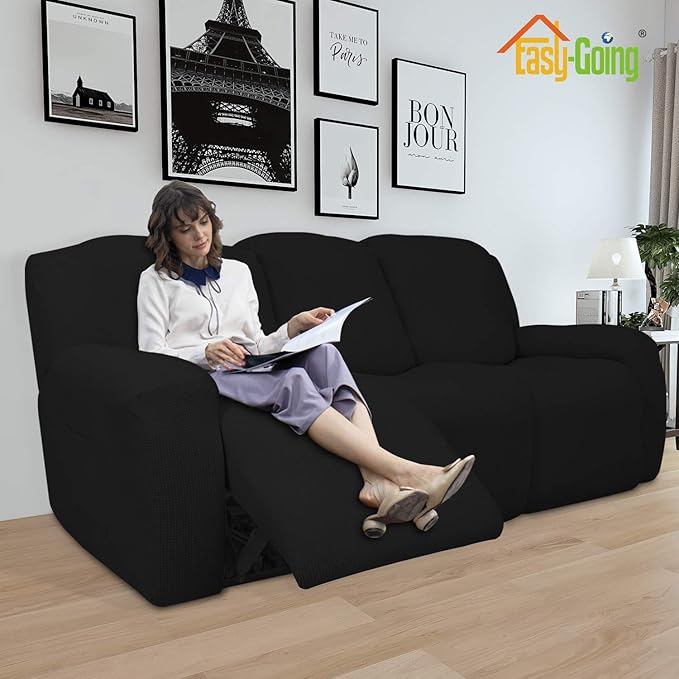 Easy-Going 8 Pieces Recliner Sofa Stretch Sofa Slipcover Sofa Cover Furniture Protector Couch Soft with Elastic Bottom Kids, Spandex Jacquard Fabric Small Checks Black