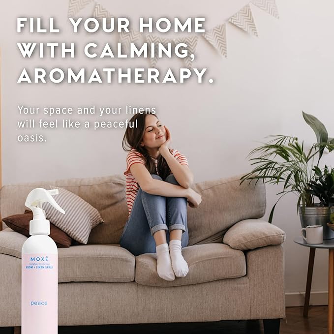 MOXĒ Peace Linen & Room Spray, Zen-Ful Essential Oils, Natural Aromatherapy Mist, Home & Bedroom, Office, Furniture, Bedding, Pillows, Sheets, Bergamot, Lime, Mandarin, Geranium, 8 Ounces (1 Pack)